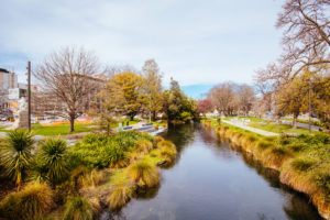 Landscape around the River Avon and Victoria Square in Christchurch on a warm spring day in New Zealand
